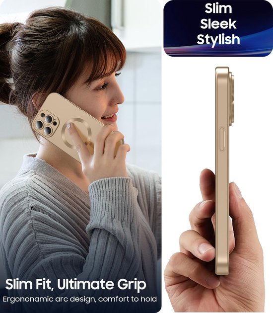 Vrouw met gouden hoes voor iPhone 16 Pro Max, sprekend aan telefoon. Hand houdt dunne hoes vast.