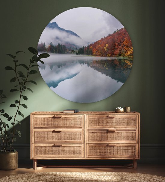 WallCircle - Cercle mural - Cercle mural intérieur - Automne - Brouillard - Water - Paysage - 120x120 cm - Décoration murale - Peintures ronds XXL