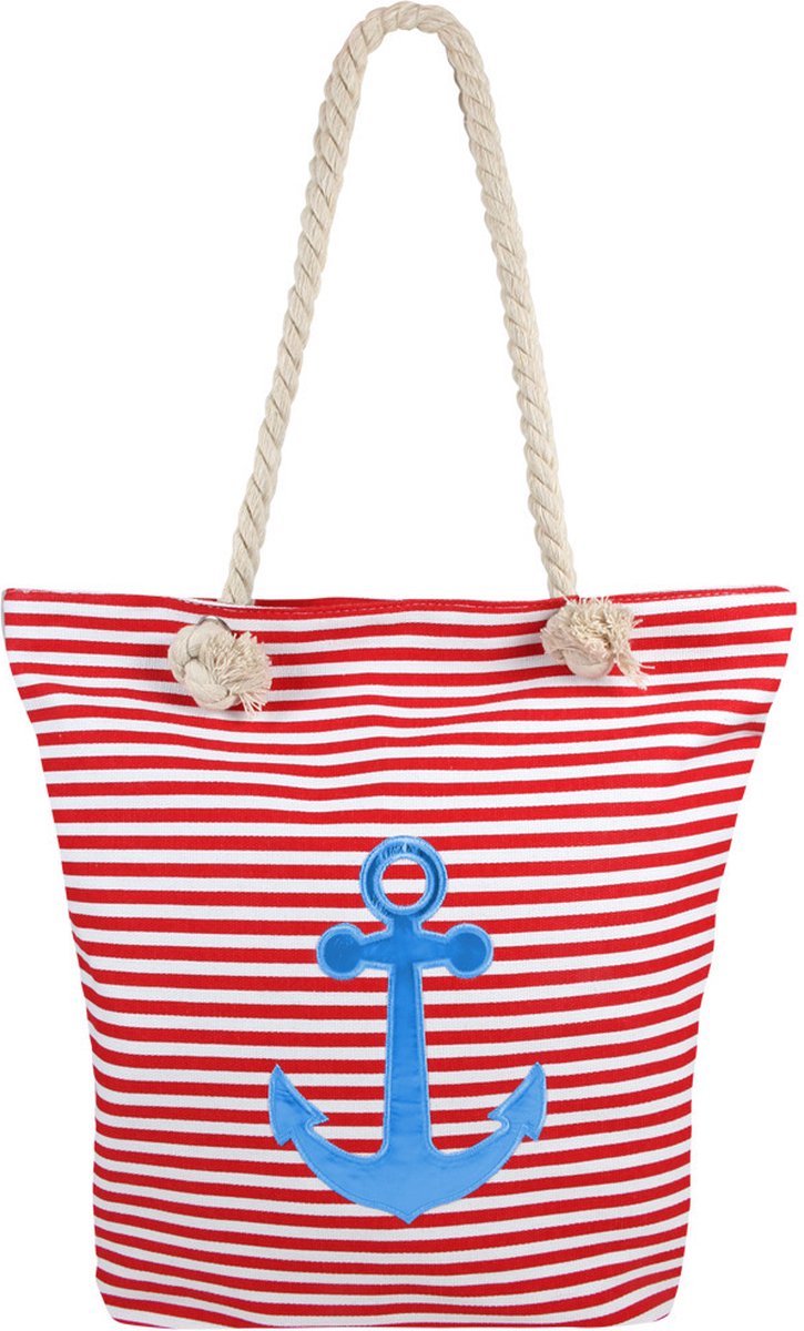 Strandtas strepen rood/wit met anker 34 x 37 cm - Strandshoppers van polyester