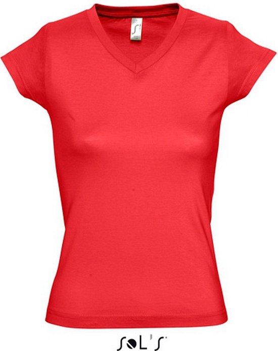 T-shirt femme rouge vif à col en V. 100% coton.