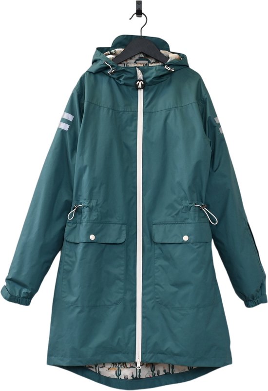 Ducksday - Regenjas Dames - Waterdicht - Met Capuchon - Reflecterend - Half Lang Model - Gevoerd - Donkergroen - Maat X-Large 42/44