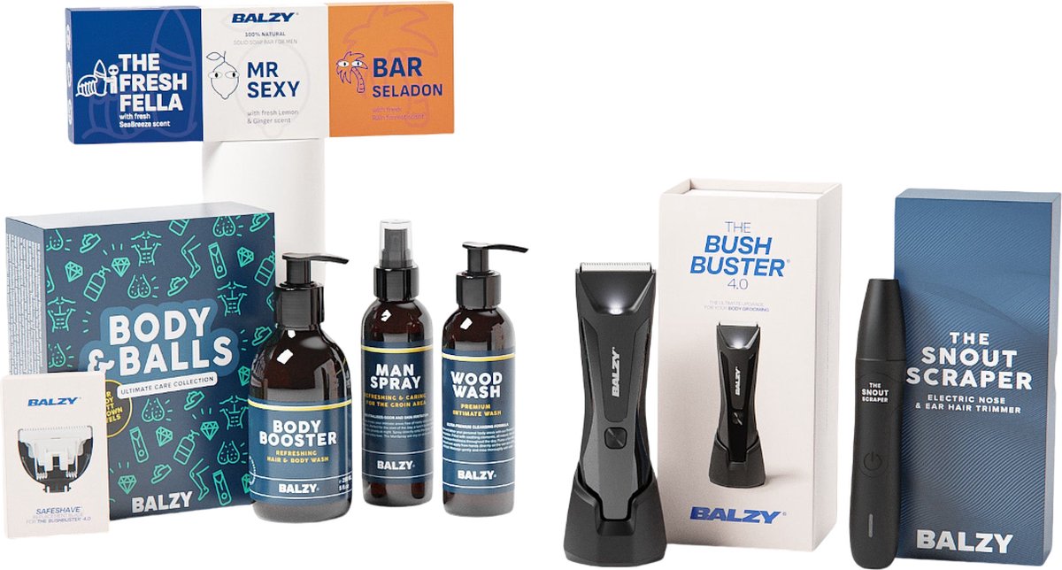 Goedkoopste BALZY Perfect Package 4.0 - Complete Grooming Set - Geschenkset Mannen - Bodygroomer Mannen - 3 Organische Soap-Bars - Neustrimmer en Oortrimmer - Douchegel 250 ml - Zeep voor Billen & Ballen 150 ml - Spray voor Intieme Delen 150 ml