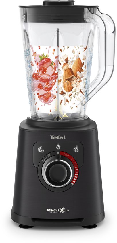 Zwarte Tefal blender met glazen kan, gevuld met aardbeien en amandelen. Met draaiknop en 'Start/Stop'-indicator.