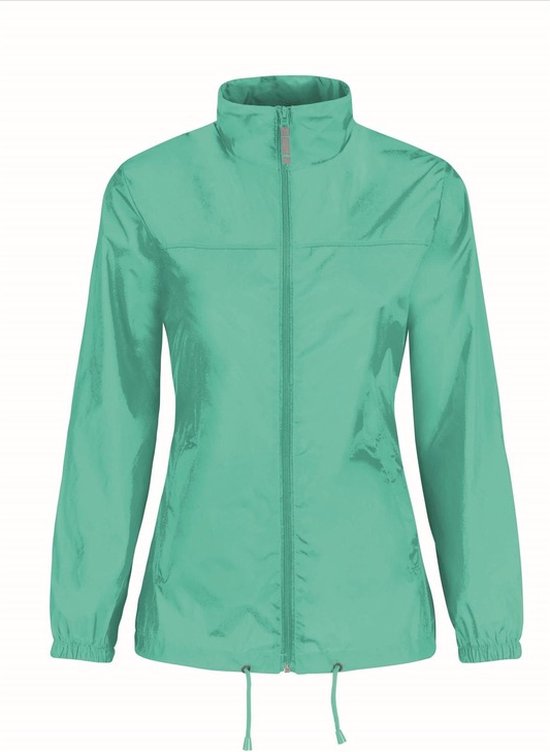 Veste-coupe-vent verte menthe pour femme B&C avec fermeture éclair, col montant et cordon de serrage en bas.
