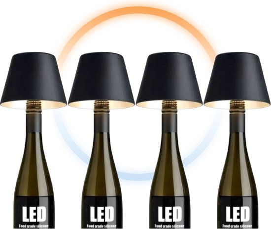 Quatre lampes de table noires identiques sur une bouteille, avec éclairage LED et un cercle orange et bleu en arrière-plan.