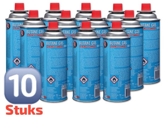 10 butaan gasbussen, extreem ontvlambaar, met rode dop.