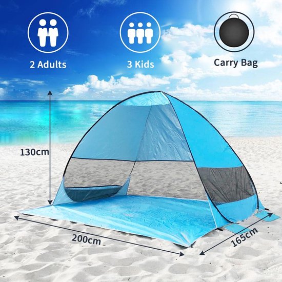 Pop-up strandschelptent 2 personen 200 x 165 x 130 cm uv-bescherming opbergtas haringen strandtent zonwering (lichtblauw) van POP — afbeelding 2