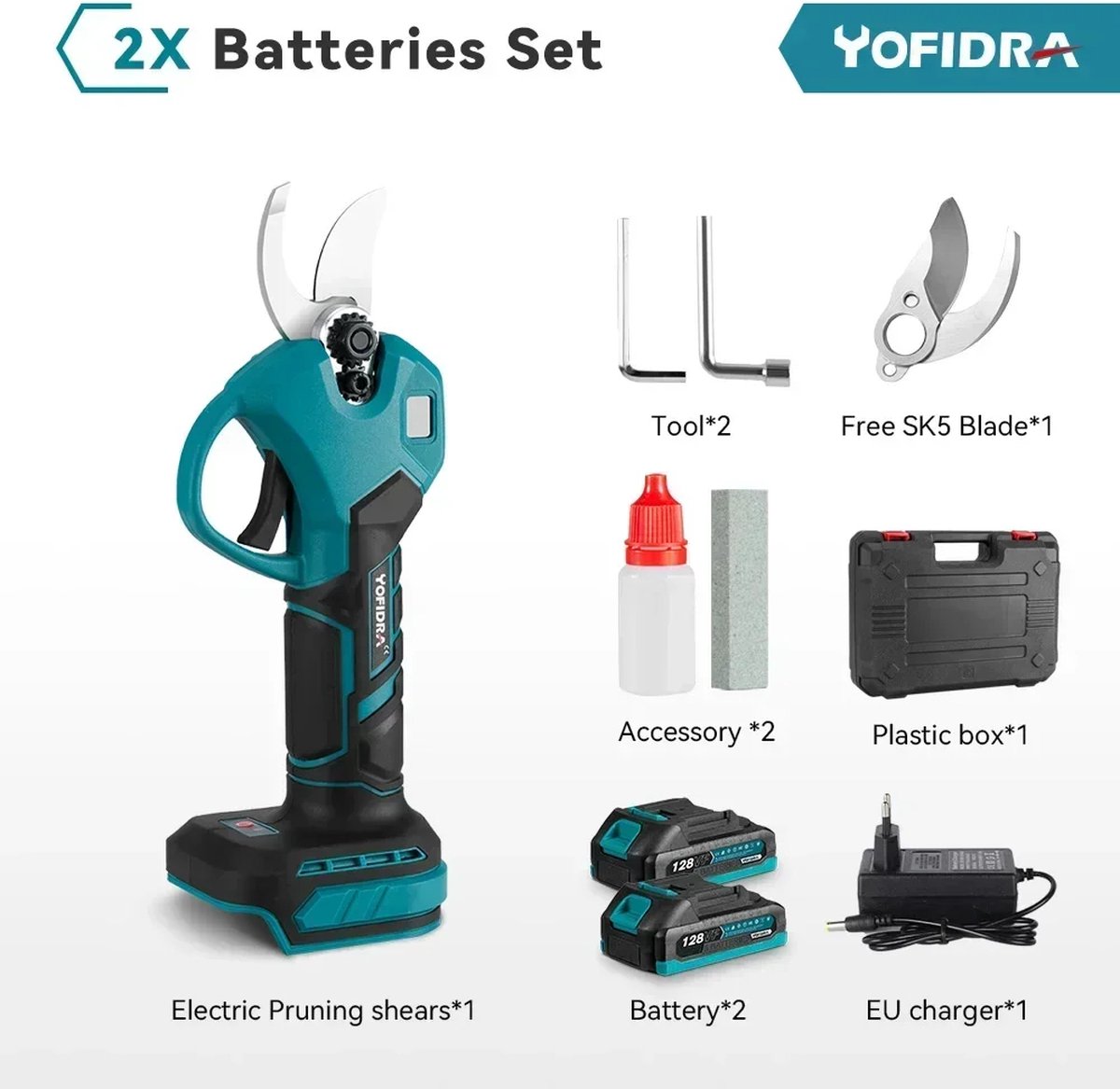 Yofidra Takkenschaar Snoeischaar Electrische Snoeischaar 30MM -Complete Set incl. 2 Batterijen en een Extra Set Messen Onderhoud Kit En Koffer Tuingereedschap