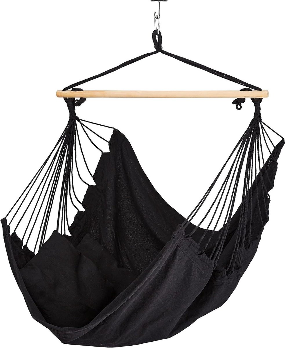 Hangstoel cocoon katoen hangschommel met 2 kussens tot 120 kg binnen en buiten kinderen en volwassenen zwart hangstoel cocoon