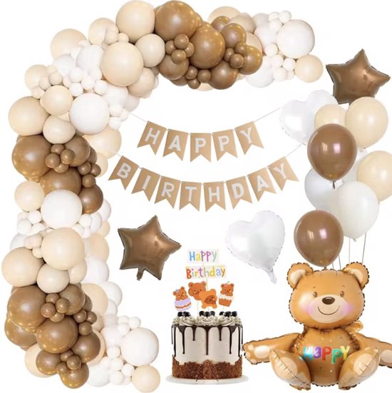 Foto: Teddybeer verjaardag versiering xxl ballonnen set 110 stuks feestversiering pakket beer teddybeer kleur bruin beige creme offwhite matte ballonnen uitgebreid feestpakket luxe hoge kwaliteit ballonnenboog baby birthday