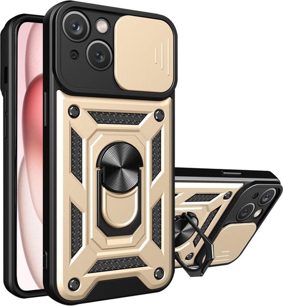 BixB hoesje geschikt voor iPhone 15 met Ringhouder en Camera schuifje backcover - Goud