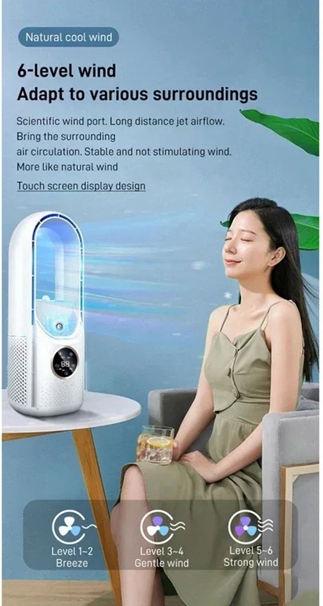 Mobiele Airco - Draagbare USB Luchtkoeler & Bladloze Ventilator - 6 Instelbare Sterktes - Stille Koelventilator & Luchtbevochtiger ( zwart ) – foto 3