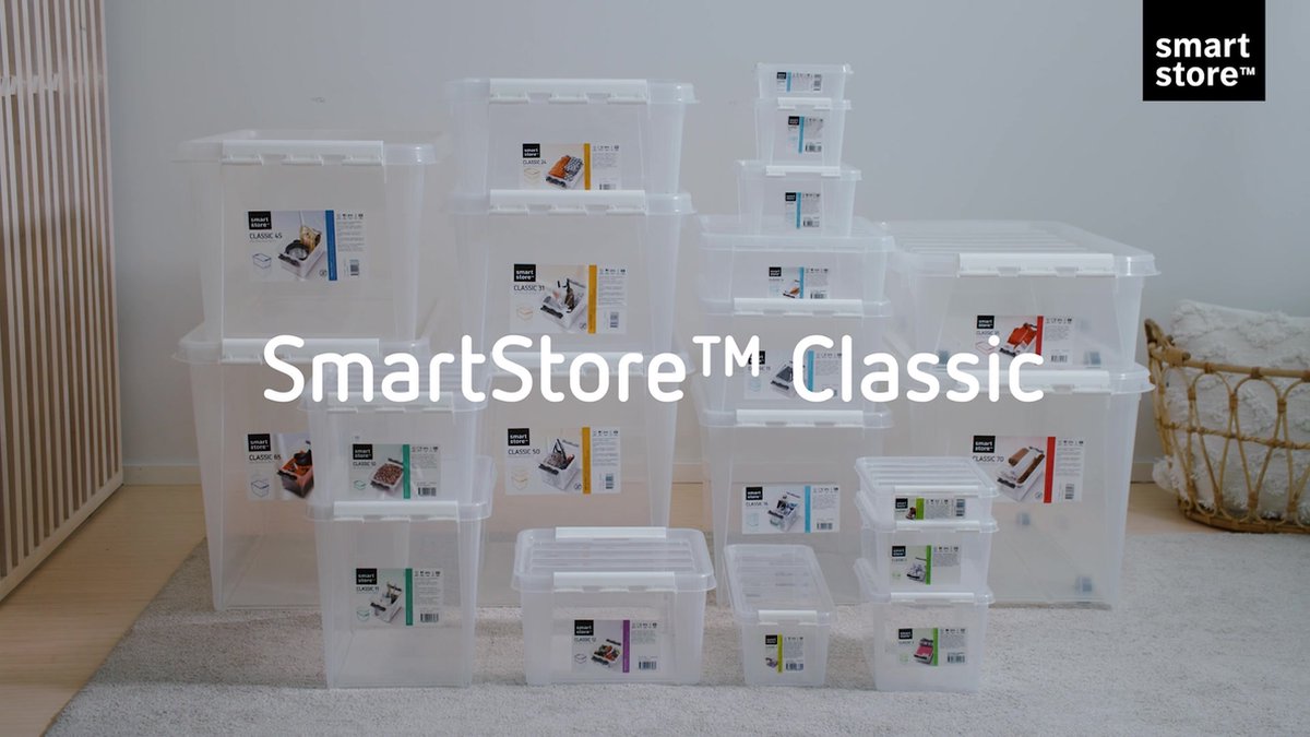 Set of 4 SmartStore Classic 50 - Transparent large plastic storage box 52L with lid - Transparent - Stackable and nesting - Clip-closure black - L50xW39xH41cm - Food Approved