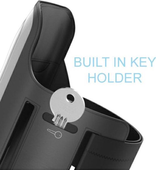 Zwarte sportarmband met ingebouwde sleutelhouder. De tekst 'BUILT IN KEY HOLDER' is zichtbaar.