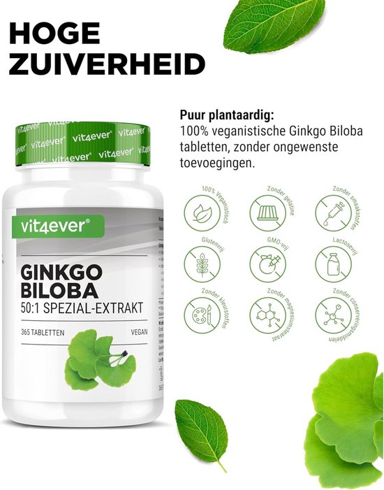 Vit4ever Ginkgo Biloba 365 tabletten met groene bladeren en "Hoge Zuiverheid" tekst.