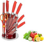 Royalty Line® RED8W Messenset Met Blok - 8 Delig Messenblok Met Draaibaar Standaard - Scherpe Messen - Vaatwasbestendig - Incl. Messenslijper en Keukenschaar - RVS / Rood