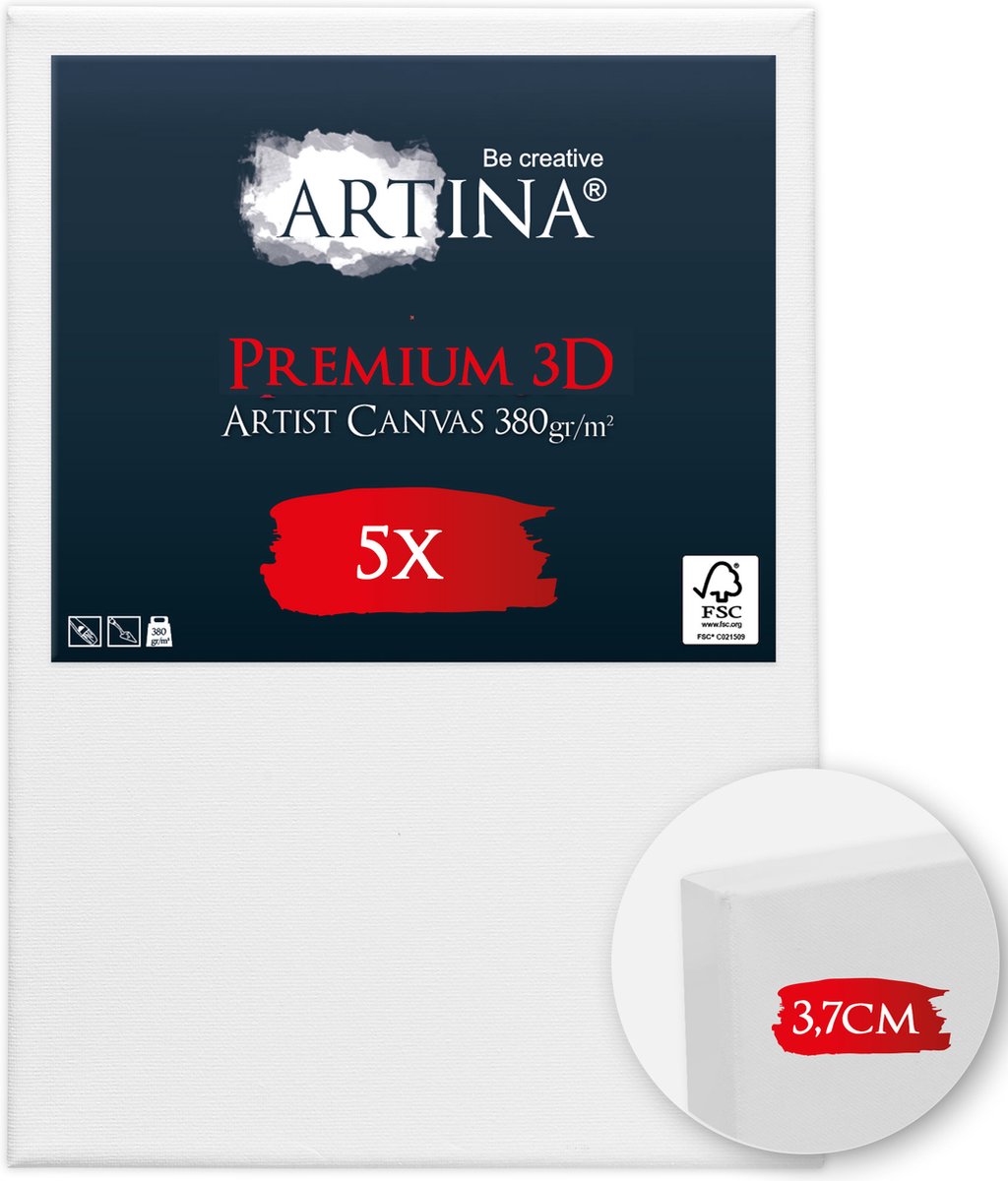 Artina Set van 5 Schildersdoeken 70x100 cm 3D Premium - Voorgerekte Doeken Wit met FSC® Houten Spieraam Stabiele Voorbehandelde Canvas Schildersdoek 380g/m²