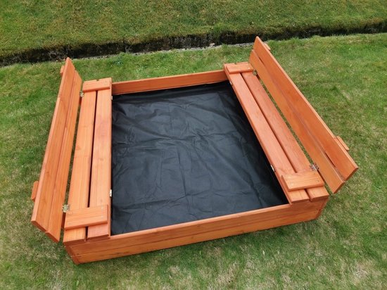 Bac à Sable Adgo 120x120 Cm – Bois D'épicéa, Avec Bancs, Toile Anti-mauvaises Herbes Et Housse Anti-pluie – Montage 20 Min