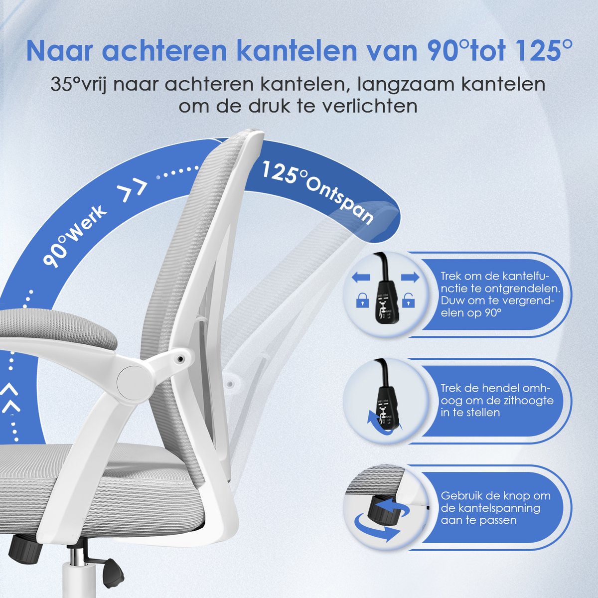 Elekiatech Ergonomische Bureaustoel - Bureaustoel - Opklapbare Armleuningen - Bureaustoelen voor Volwassenen-150 Kg-Grijs thumbnail 2