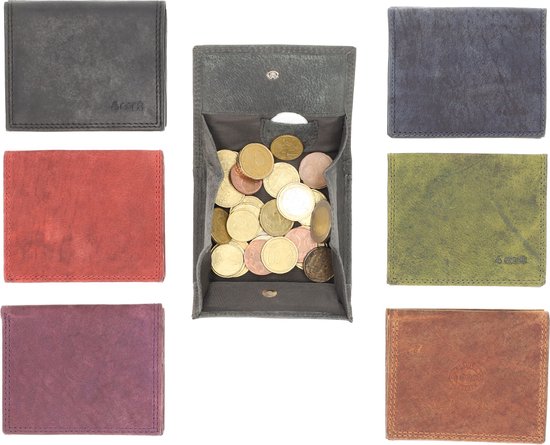 Een verzameling van zes leren portemonnees in diverse kleuren en één open portemonnee met munten.