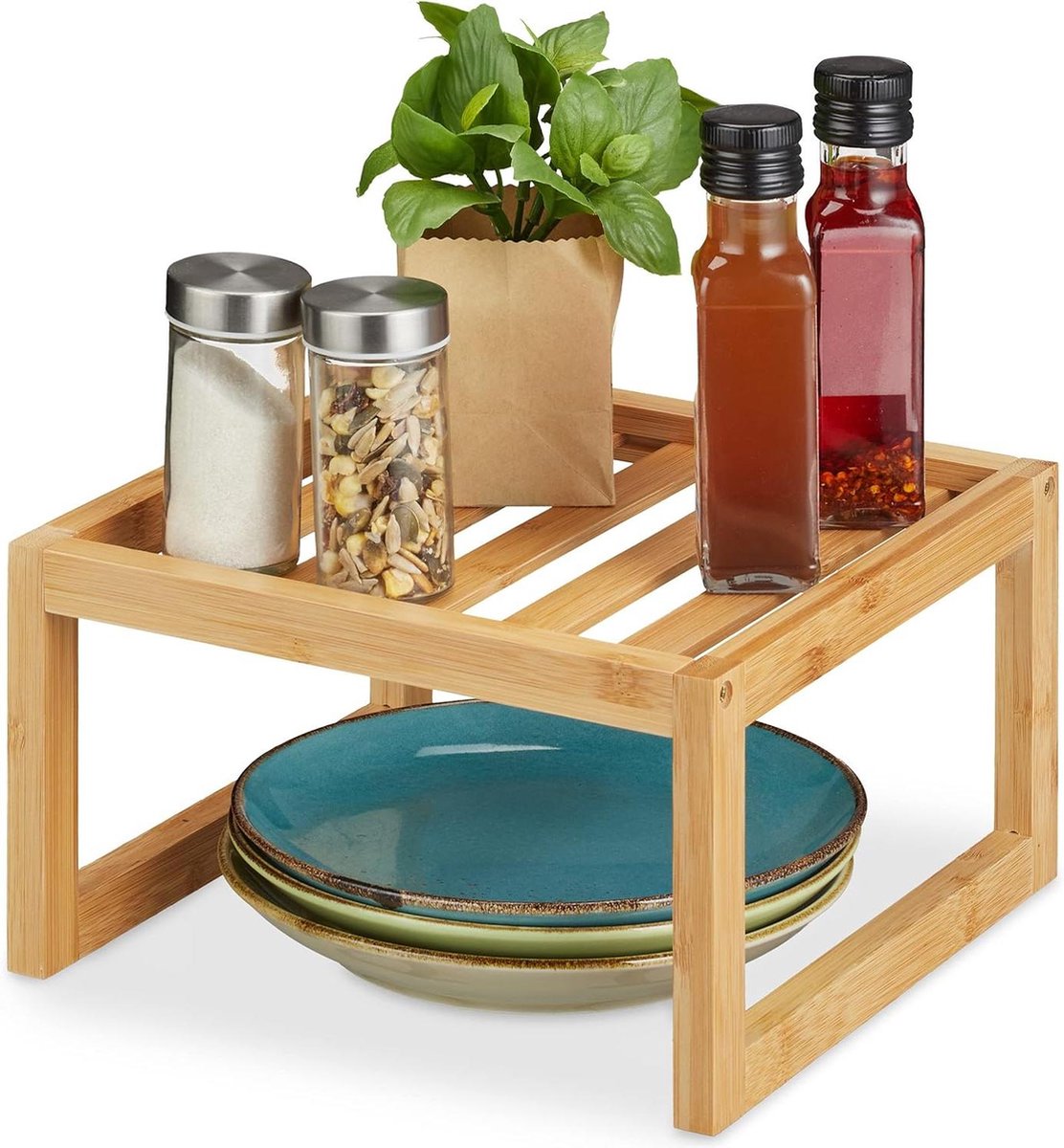 Goedkoopste Bamboe keukenrek aanrecht staand rekje - HxBxD 14 x 245 x 245 cm - bordenrek organizer naturel bordenrek