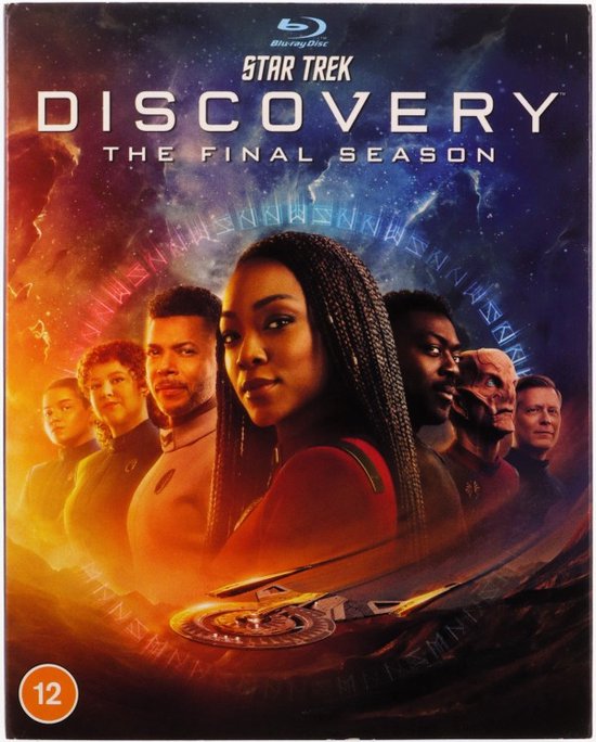 De voorkant van de blu-ray hoes van Star Trek: Discovery, de laatste seizoen, met een groep personages.