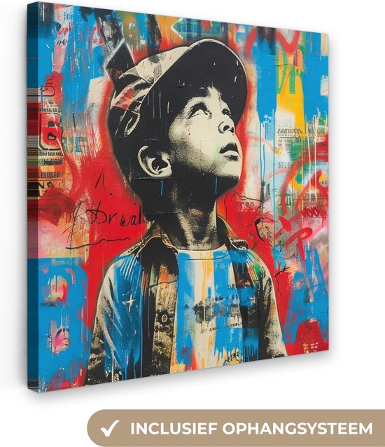 Tableau toile 90x90 cm - Décoration murale Graffiti - Garçon - Street art - Couleurs - Décoration murale murale salon - Décoration chambre - Accessoires de chambre - Peintures