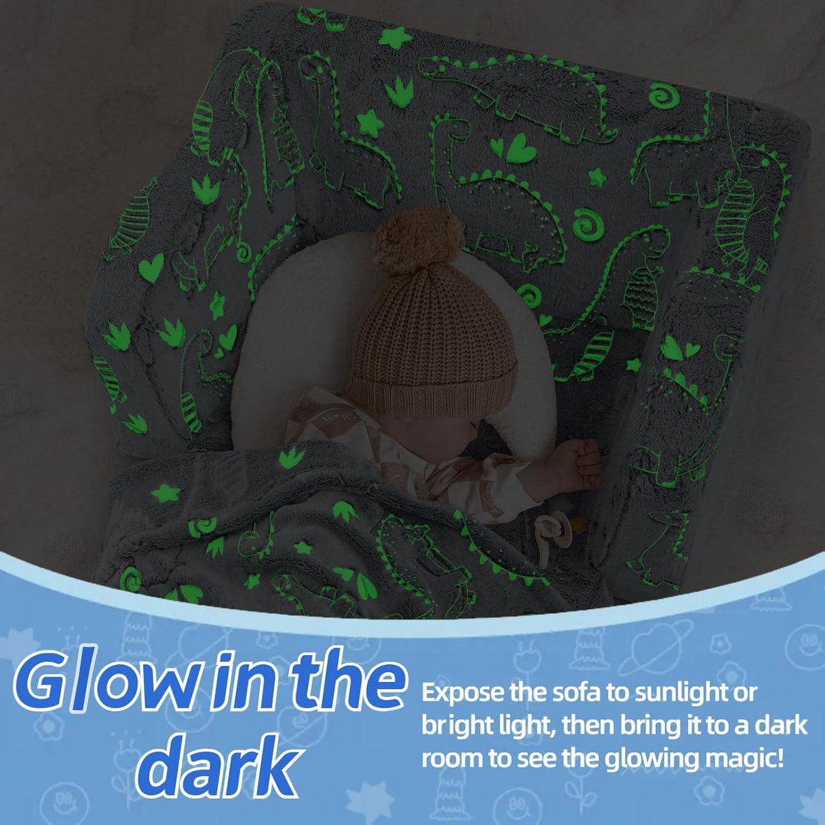 MeMoreCool Kinderbank Opvouwbaar Glow In The Dark Dino - Peuter Fauteuil Slaapbank