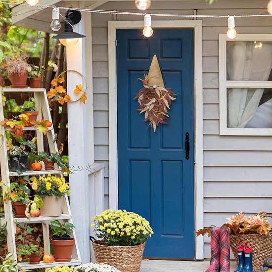 Couronne D'automne Avec Lumières Et Gnome - Décoration De Porte Extérieure, Résistante Aux Intempéries - 3