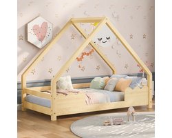 Gutent Kinderbed, 90x200cm, Natuurlijke kleur (Zonder matras), Huisstijl, box met valbeveiliging, Tienerbed, Massief houten natuurbedden