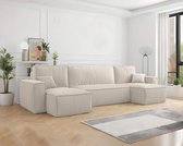 Canapé en U avec rangement Frenkie - Crème - Tissu côtelé Velours - Canapé-lit avec rangement - Siège - Canapé-lit - Siège en U - Siège avec coin couchage - 4 places