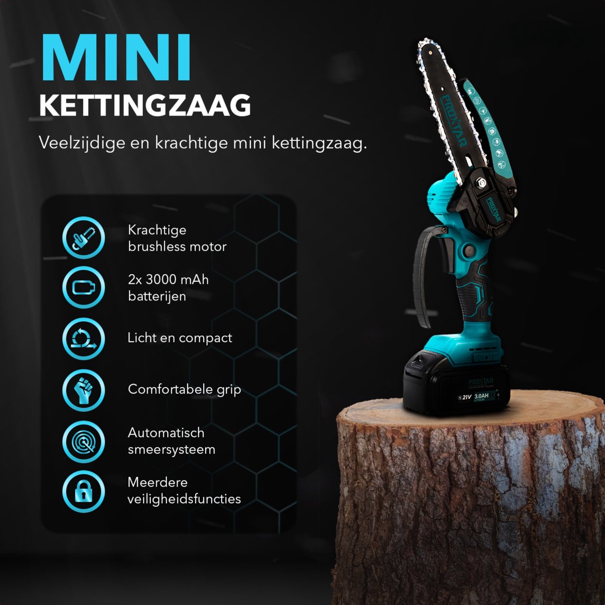 ProXtar Mini Kettingzaag - Kettingzaag - Snoeizaag - Takkenzaag - Handzaag - Inclusief Opbergkoffer, 2 Accu's & 3 Kettingen - Automatische Kettingsmering - Brushless – foto 2