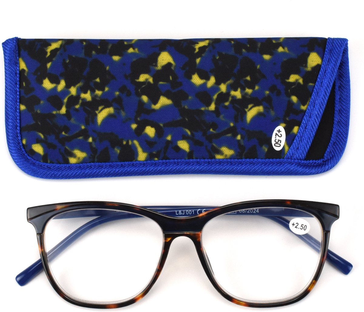 Lilly&June Leesbril -Moderne Lichtgewicht trendy leesbril +3 bruin-blauw gemalleerd front met scharnierende blauwe pootjes. Sterkte +3