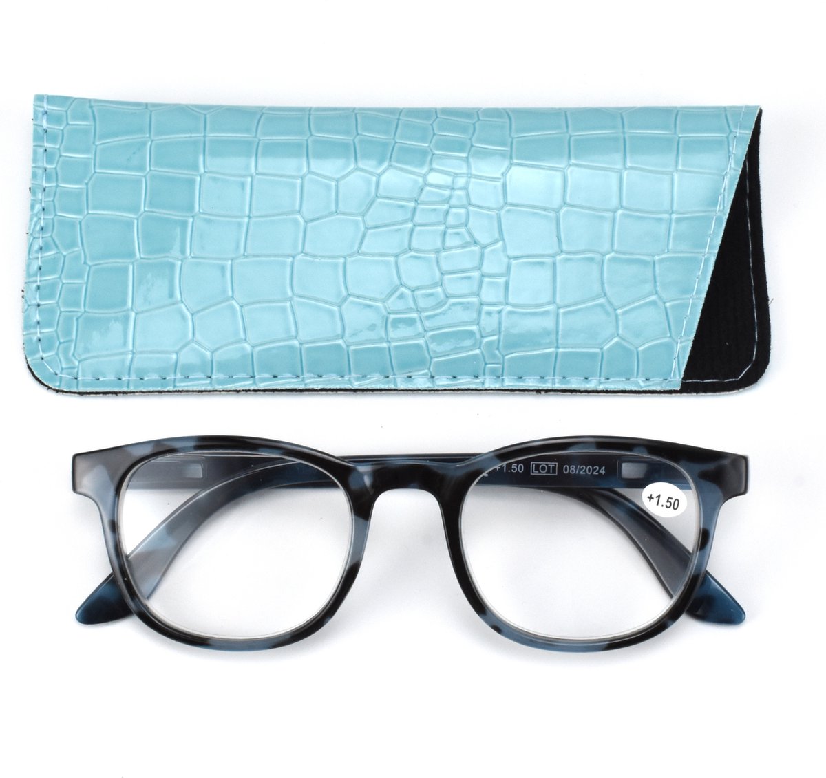 Lilly&June Trendy lichtgewicht Leesbril. Blauw zwart dierenprint. Sterkte +1.5