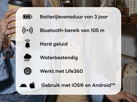 Batterijduur van 3 jaar, Bluetooth-bereik van 105m, hard geluid, waterbestendig, werkt met Life360. Gebruik met iOS en Android.