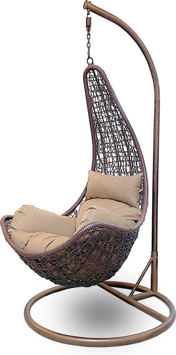 Rijoka Hangstoel Layba Twisted Schommelstoel – Bruin Rattan - Khaki Kussen - Bruin Frame
