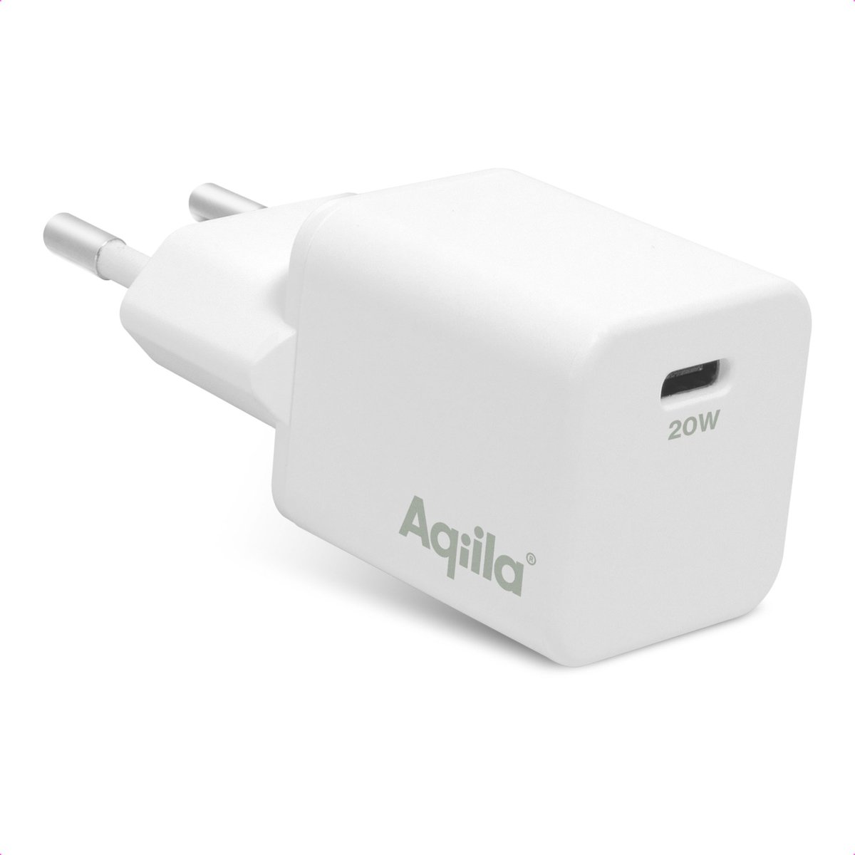 Aqiila USB oplader 20W, USB-C Adapter, PD Power Delivery, 100-240V, 1x USB-C, zeer compact ontwerp, Chargebird W1 Wit