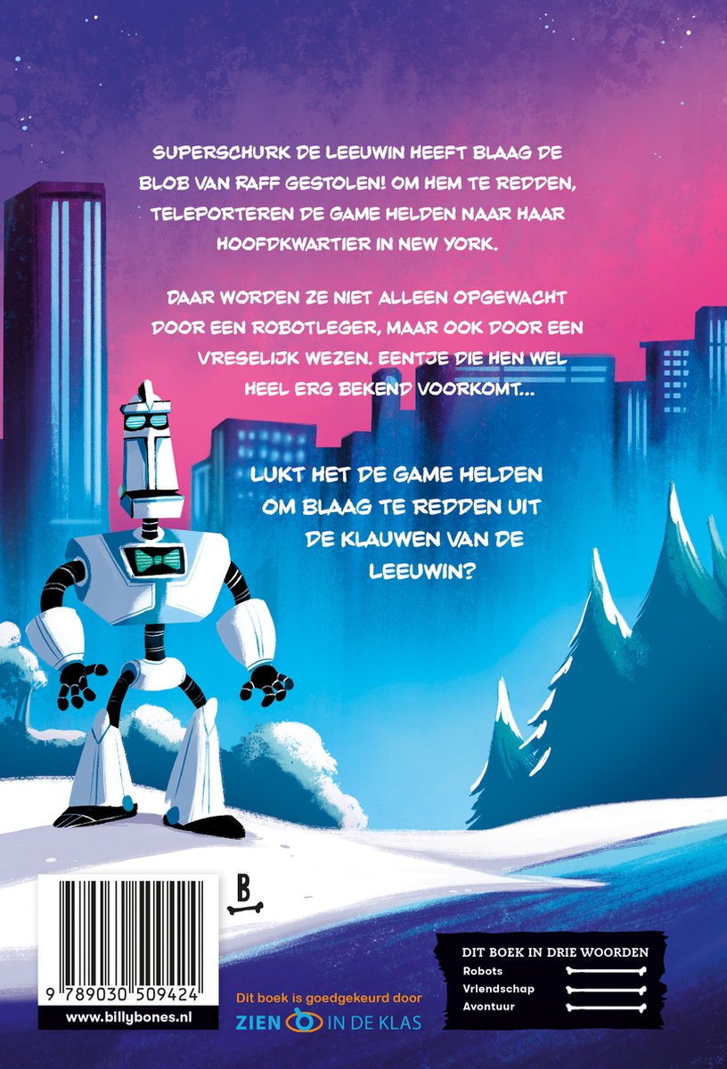 Een witte robot met een blauw scherm staat in een stad met roze en paarse gloed. Tekst in het Nederlands.