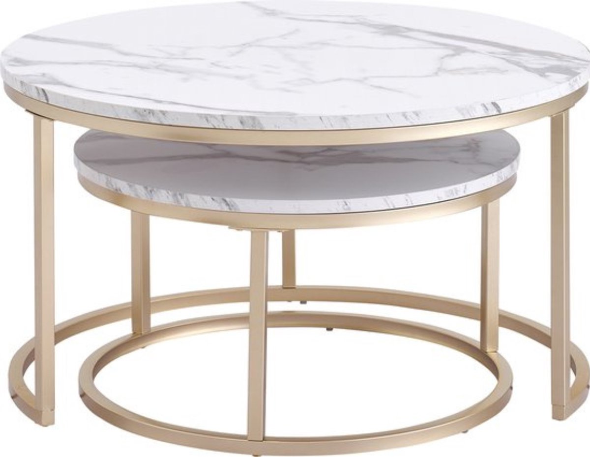 Thuys Moderne Salontafel – Koffietafel – Set van 2 – Bijzettafel – Marmer Look – Rond – Luxe Design – Wit/Goud Wit / Goud Marmerlook