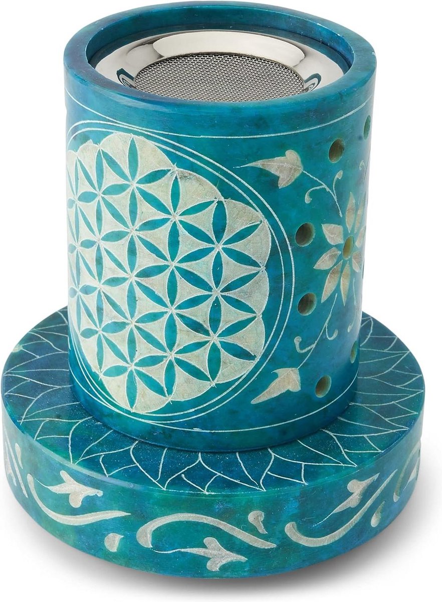 Wierookbrander zeepsteen turquoise Ø95cm met zeef voor waxinelichtje 39170 - conten in html toevoegen wierookbrander met zeef