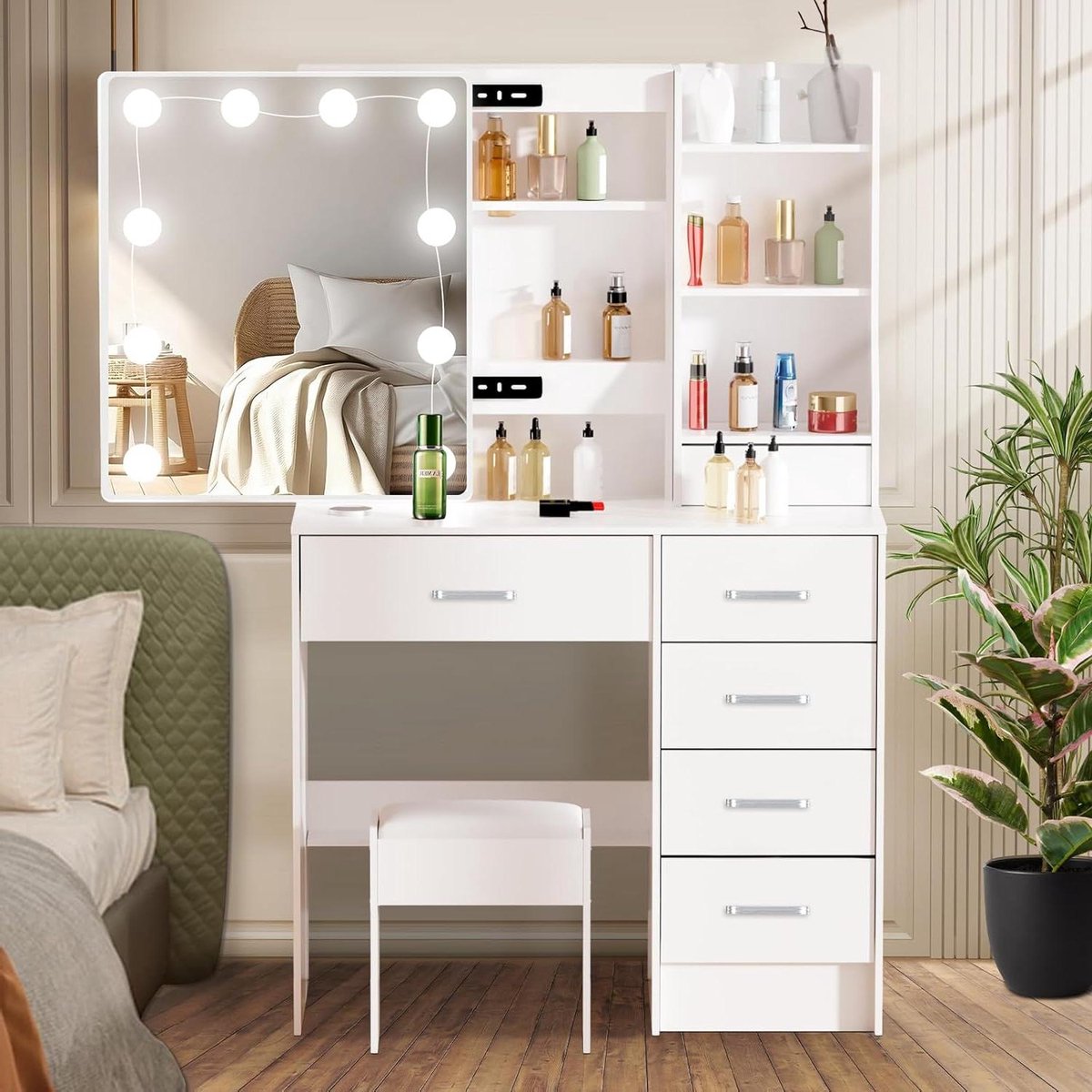 Make-uptafel met ledverlichting - kaptafel met spiegel - 3 kleuren licht - make-uptafel met 6 planken en 6 schuifladen - 80 x 36 x 131 cm - linker lade make up tafel