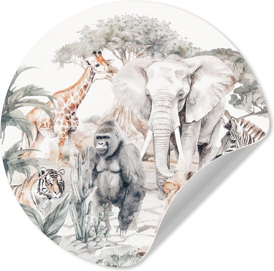Behangcirkel - Muurstickers kinderkamer - Dieren - Jungle - Waterverf - Kinderen - Wandsticker - Ronde wanddecoratie - Sticker behang - Muurstickers rond - 50x50 cm - Wandstickers - Sticker muur - Behangsticker - Cirkel behang