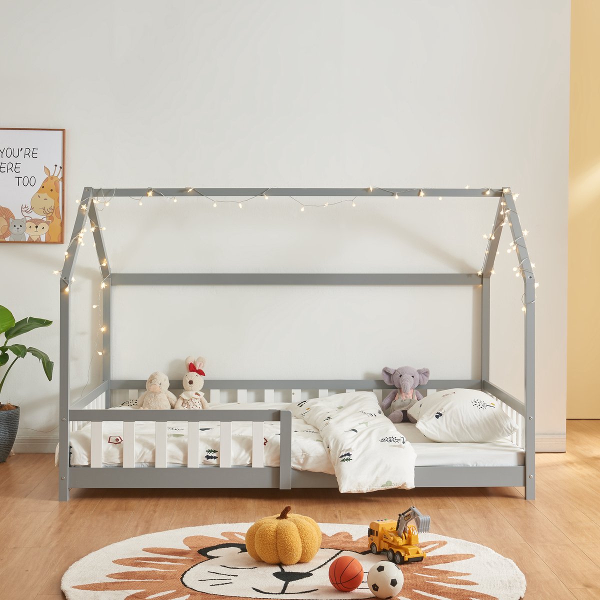 en.casa Kinderbed Hesel huisbed met uitvalbeveiliging 140x200 cm grijs [en.casa]
