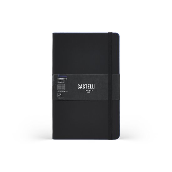 Notitieboek A5 Castelli Milano – 13×21 cm - Zwart - Black Laser / Royal Blue – gelinieerd – luxe Italiaans design – Made in Italy