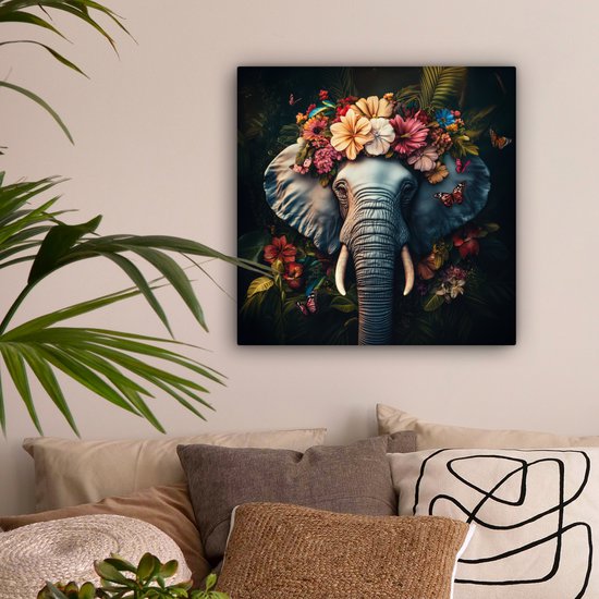 Tableau sur toile 50x50 cm - Décoration murale Éléphant - Animaux - Fleurs - Nature - Décoration murale salon - Décoration chambre - Accessoires chambre - Peintures