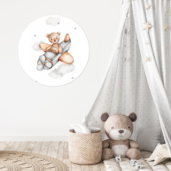 WallCircle® - Papier peint cercle 100x100 cm - Stickers muraux - Avion - Etoiles - Enfants - Cercle mural - Accessoires chambre d'enfant - Décoration chambre bébé - Cercle mural autocollant