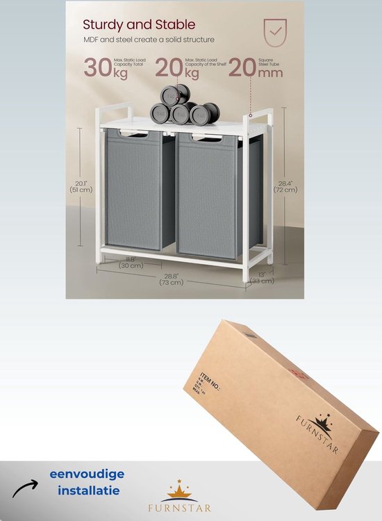 Panier à linge FurnStar - Panier à linge avec 2 compartiments - Sacs à linge coulissants et amovibles - Trieur de linge - Etagère - Structure en métal - 2 x 46L - 73 x 33 x 72 cm - Wit et gris clair