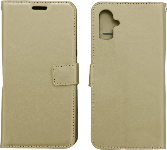 Gouden telefoonhoes in boekstijl, open en gesloten, met camera-uitsparing.