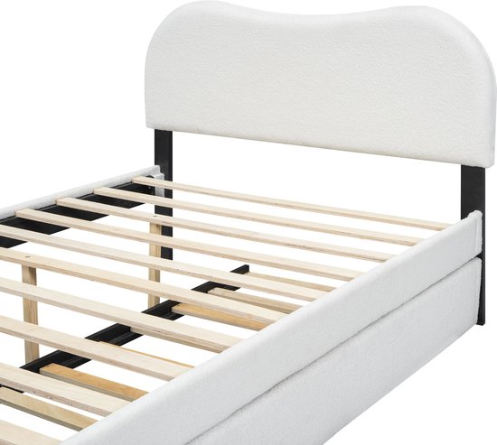 Lit rembourré Merax 140x200 cm avec lit à roulettes extractible - Design minimaliste - Wit - MDF et Tissus doux - Sommier à lattes inclus