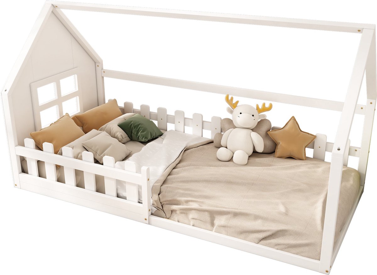 Kinderbed Huisvorm - 90x200 cm - Wit - Houten Bed met Dak - Montessori Bed - Kinderkamer - Inclusief Lattenbodem